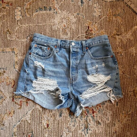 Levi's Blue Distressed Jean Shorts - Picture 1 of 7